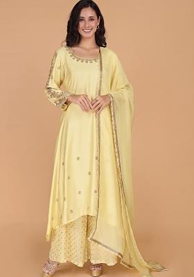 Yellow Beads Work Cotton Kurta Set