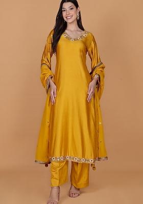 Yellow Mirror Work Cotton Kurta Set