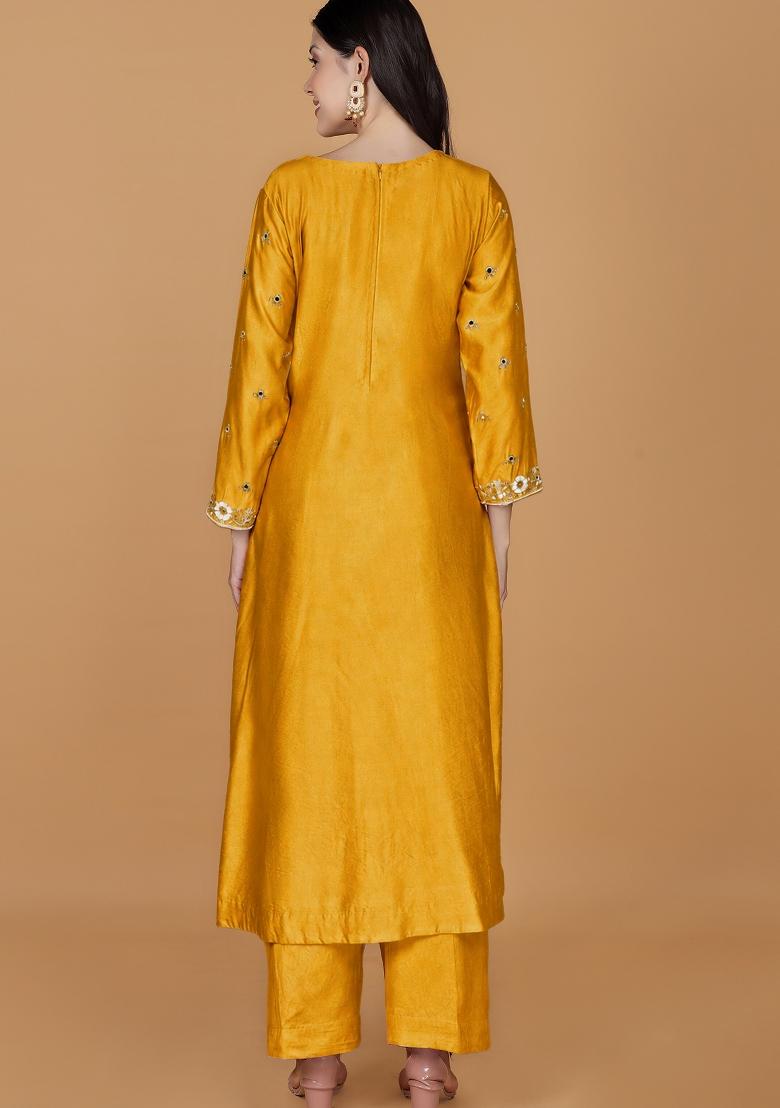 Yellow Mirror Work Cotton Kurta Set - Indya