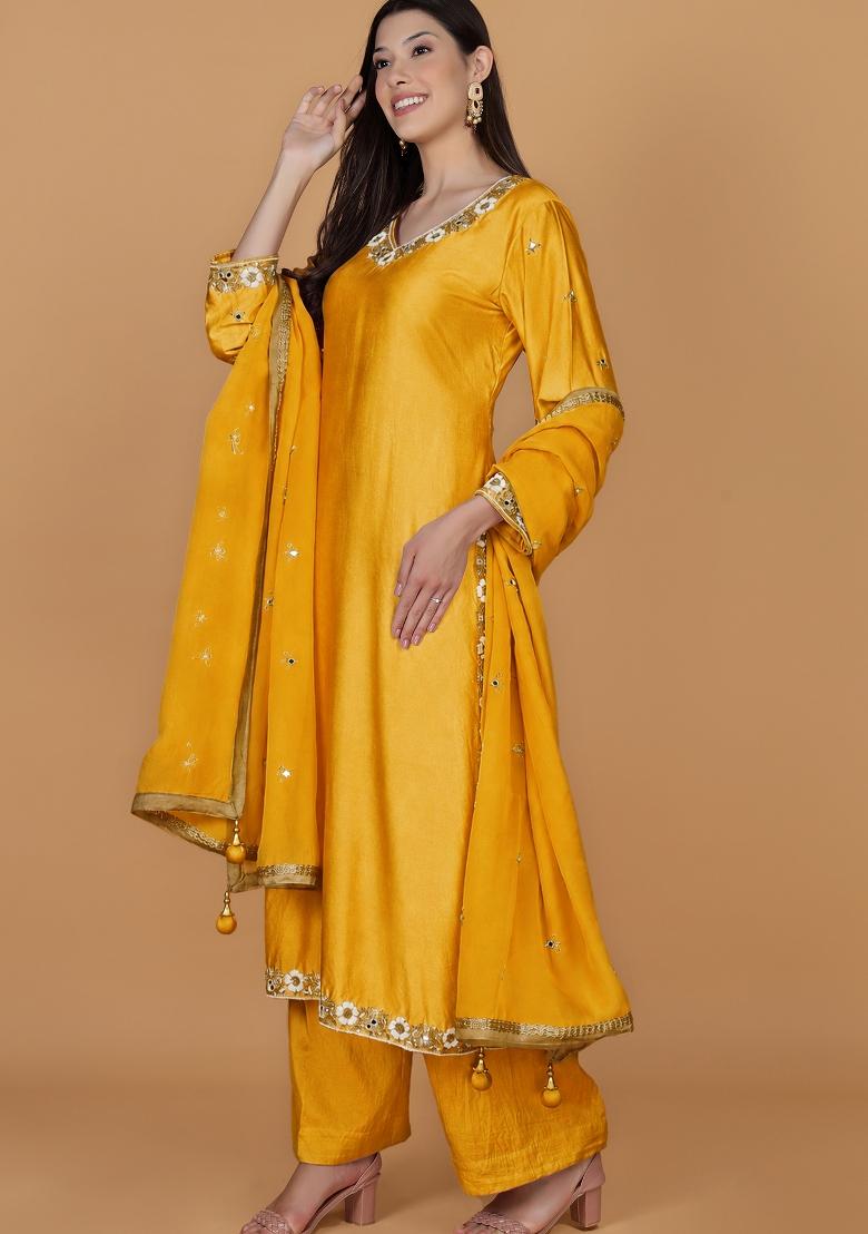 Yellow Mirror Work Cotton Kurta Set - Indya