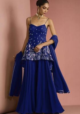 Blue Beads Work Georgette Sharara Set
