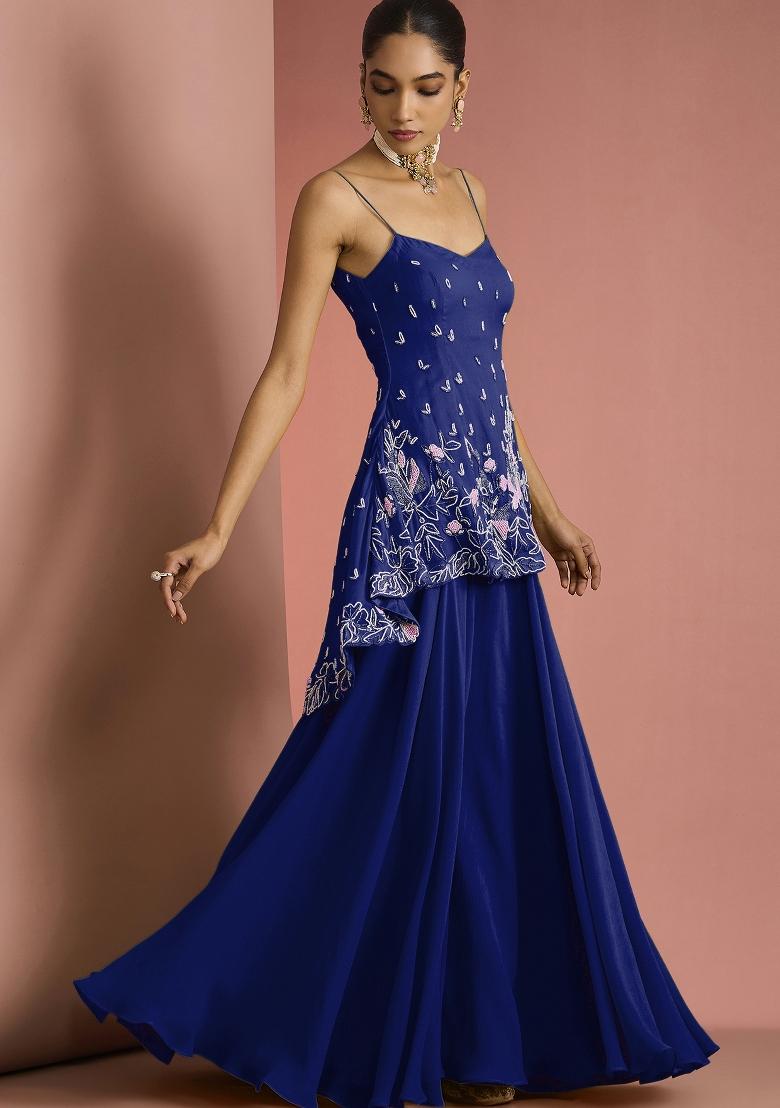 Blue Beads Work Georgette Sharara Set - Indya