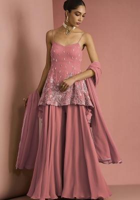 Coral Beads Work Georgette Sharara Set