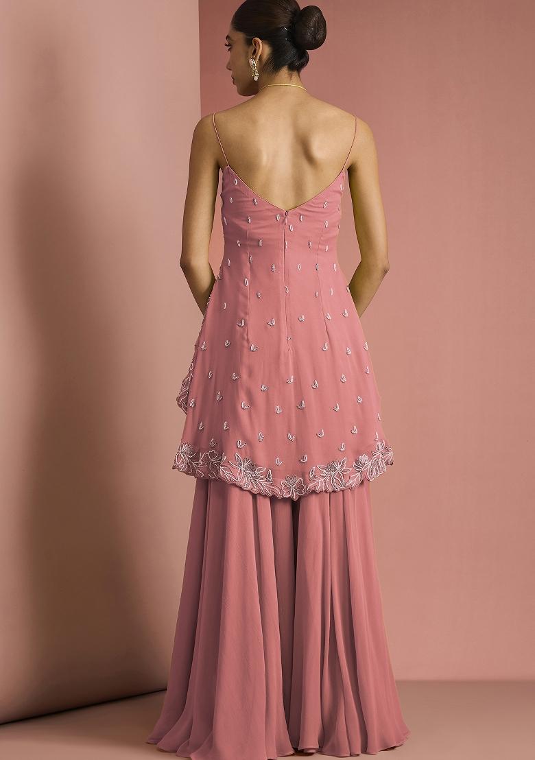 Coral Beads Work Georgette Sharara Set - Indya