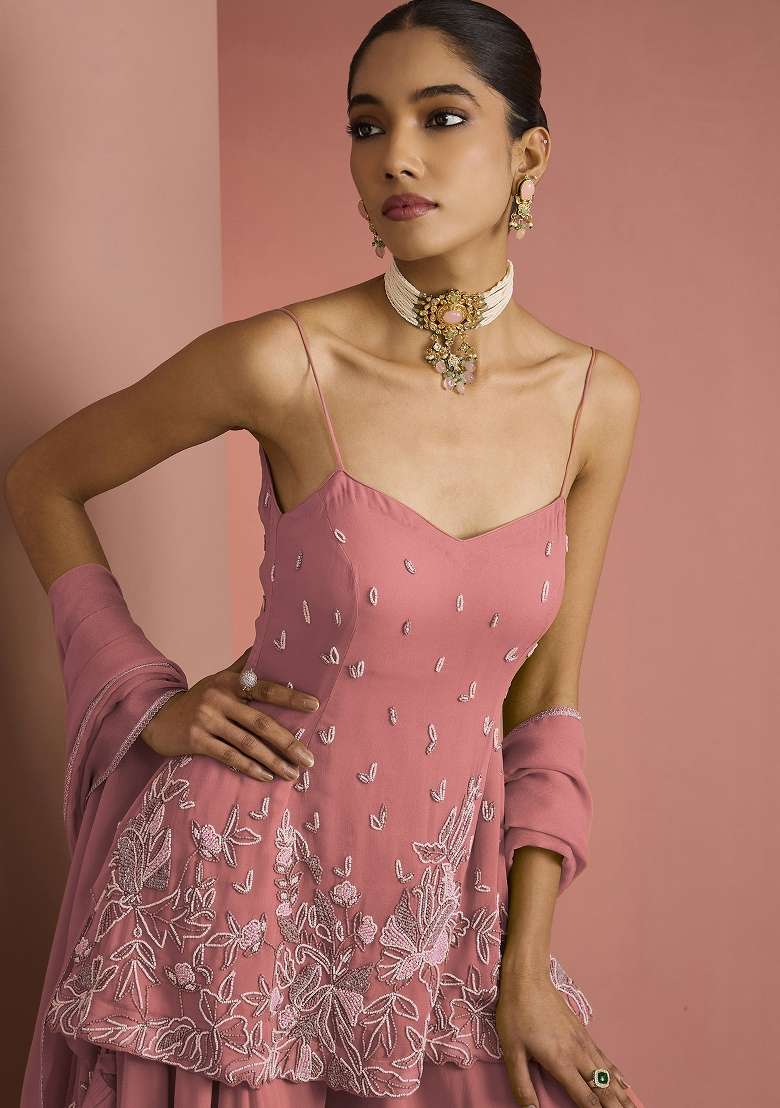 Coral Beads Work Georgette Sharara Set - Indya
