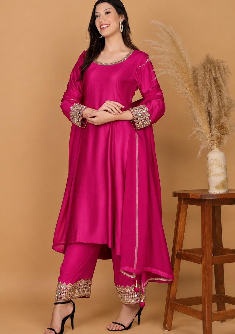 Pink Mirror Work Georgette Kurta Set - Indya