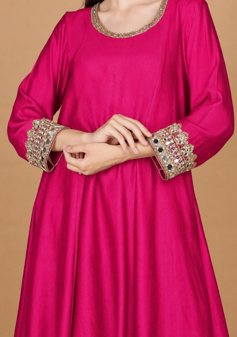 Pink Mirror Work Georgette Kurta Set - Indya