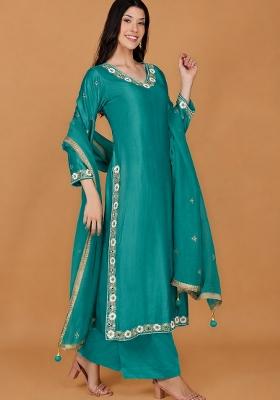 Teal Blue Mirror Work Cotton Kurta Set