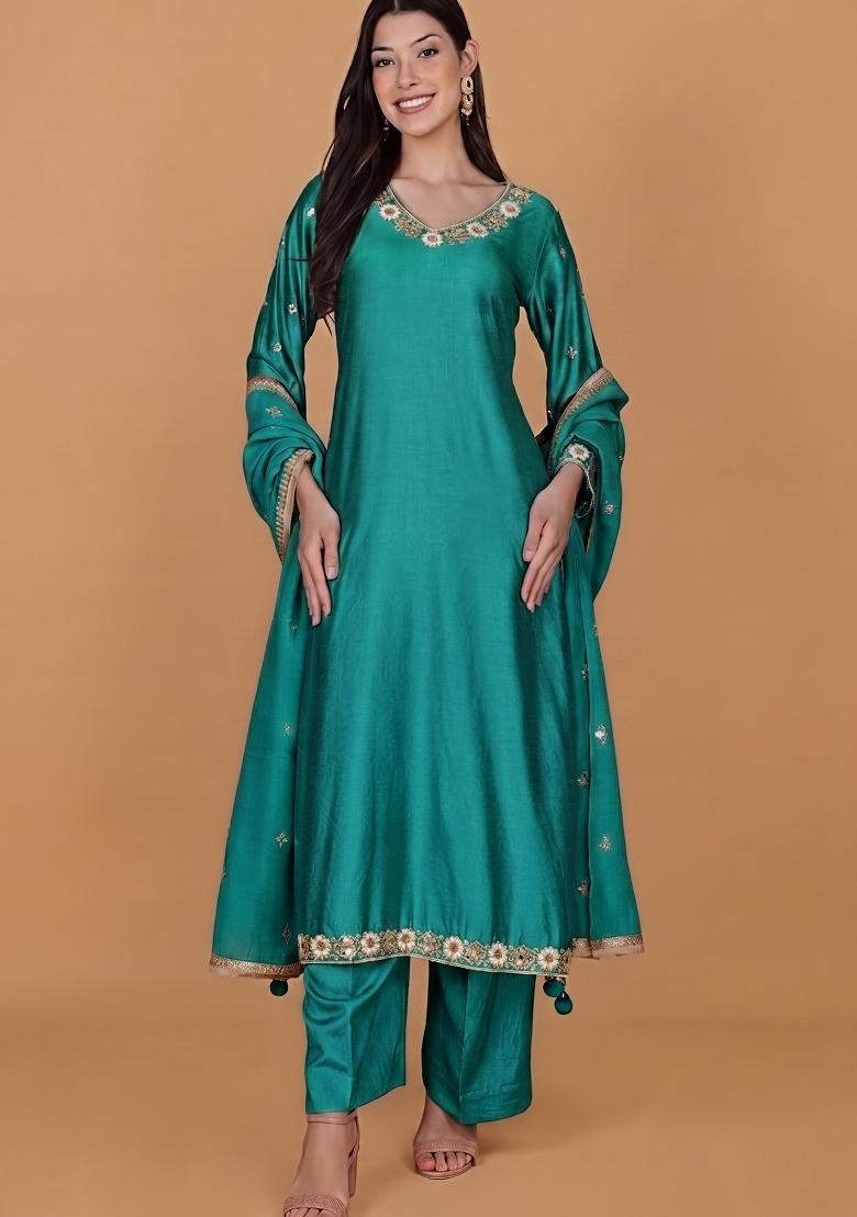 Teal Blue Mirror Work Cotton Kurta Set - Indya