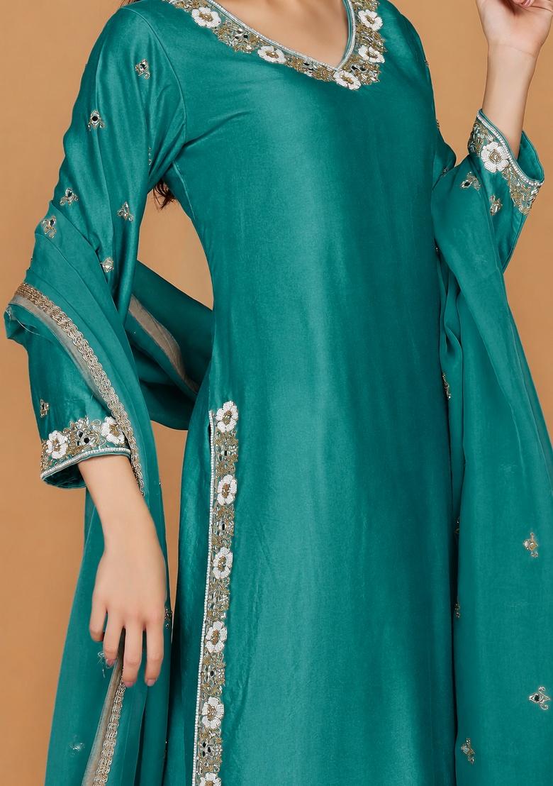 Teal Blue Mirror Work Cotton Kurta Set - Indya