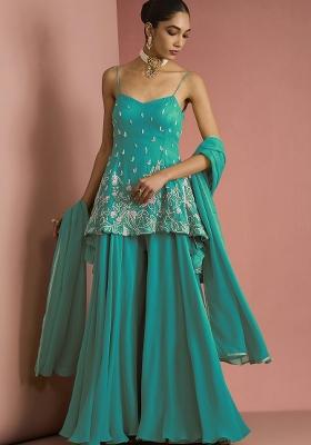 Green Beads Work Georgette Sharara Set