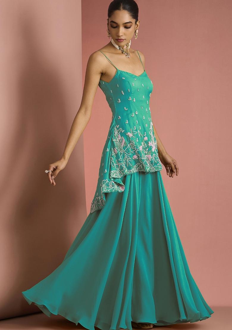 Green Beads Work Georgette Sharara Set - Indya