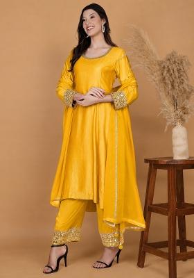 Yellow Mirror Work Cotton Kurta Set