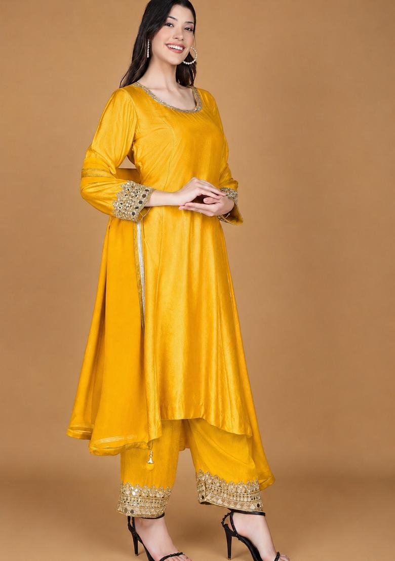 Yellow Mirror Work Cotton Kurta Set - Indya