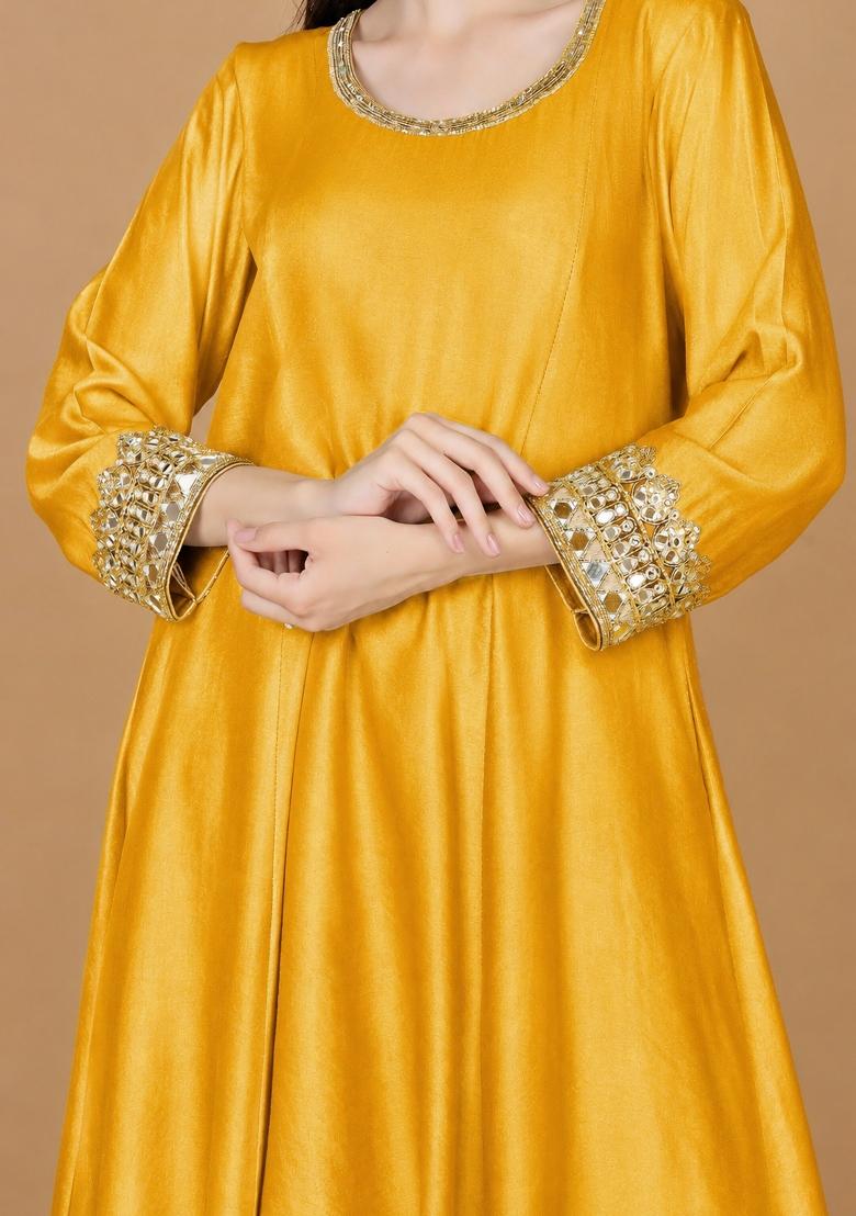 Yellow Mirror Work Cotton Kurta Set - Indya