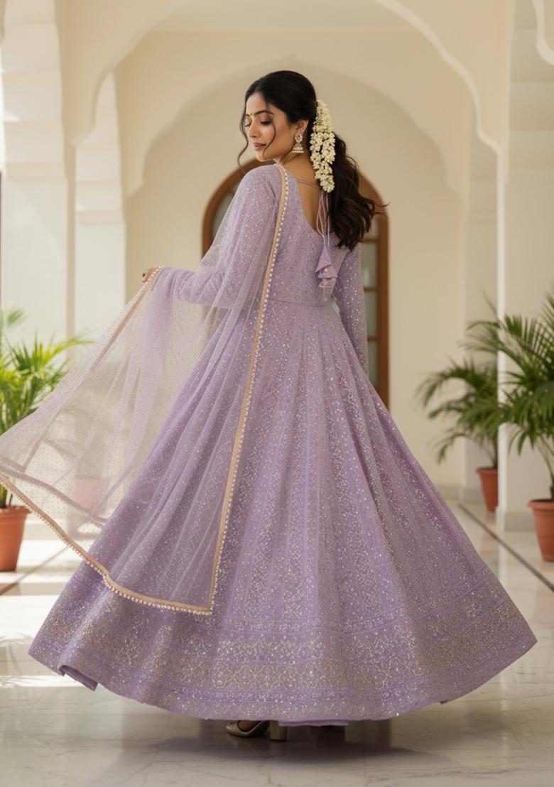 Lavender Sequin Work Chinon Kurta Set - Indya