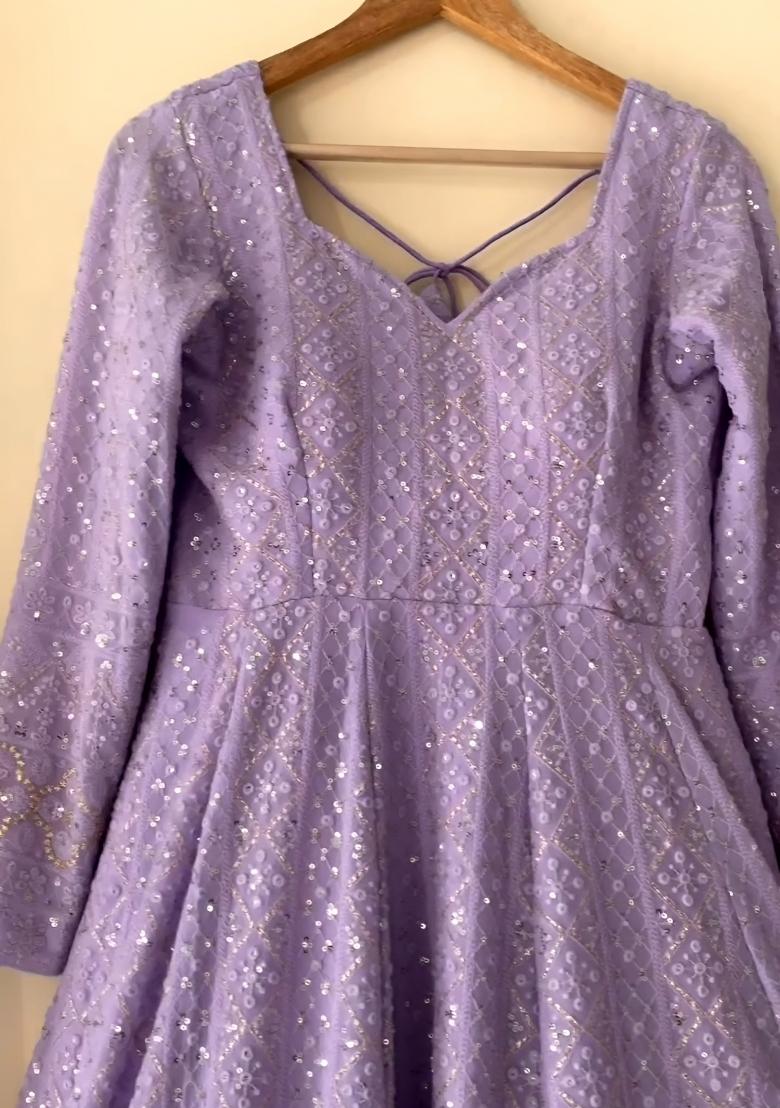 Lavender Sequin Work Chinon Kurta Set - Indya