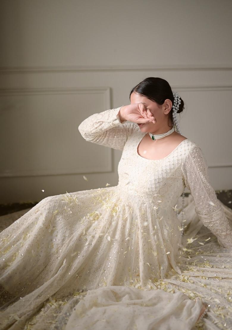 White Sequin Work Georgette Kurta Set - Indya