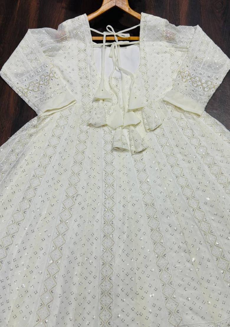White Sequin Work Georgette Kurta Set - Indya