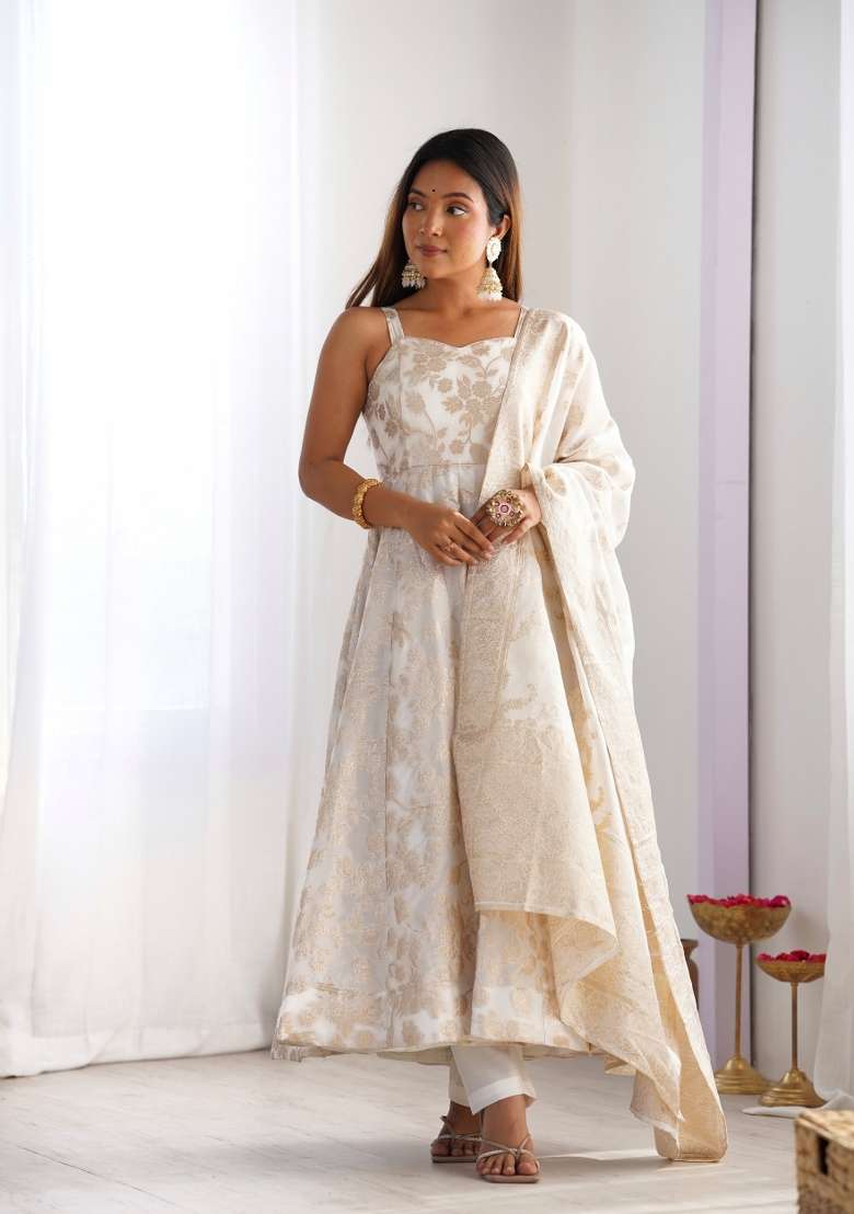 Cream Jackquard Silk Anarkali Set - Indya