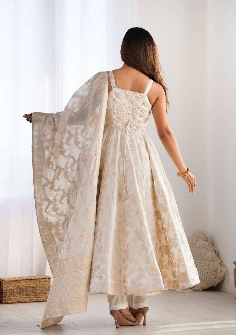 Cream Jackquard Silk Anarkali Set - Indya