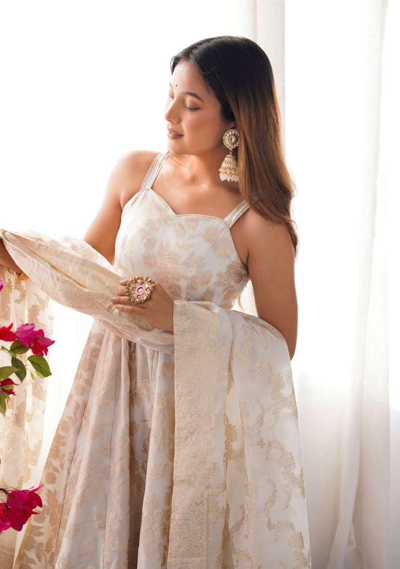Cream Jackquard Silk Anarkali Set - Indya
