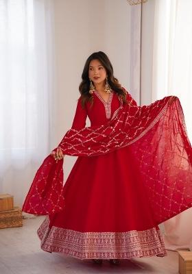 Red Embroidery Faux Blooming Anarkali With Dupatta