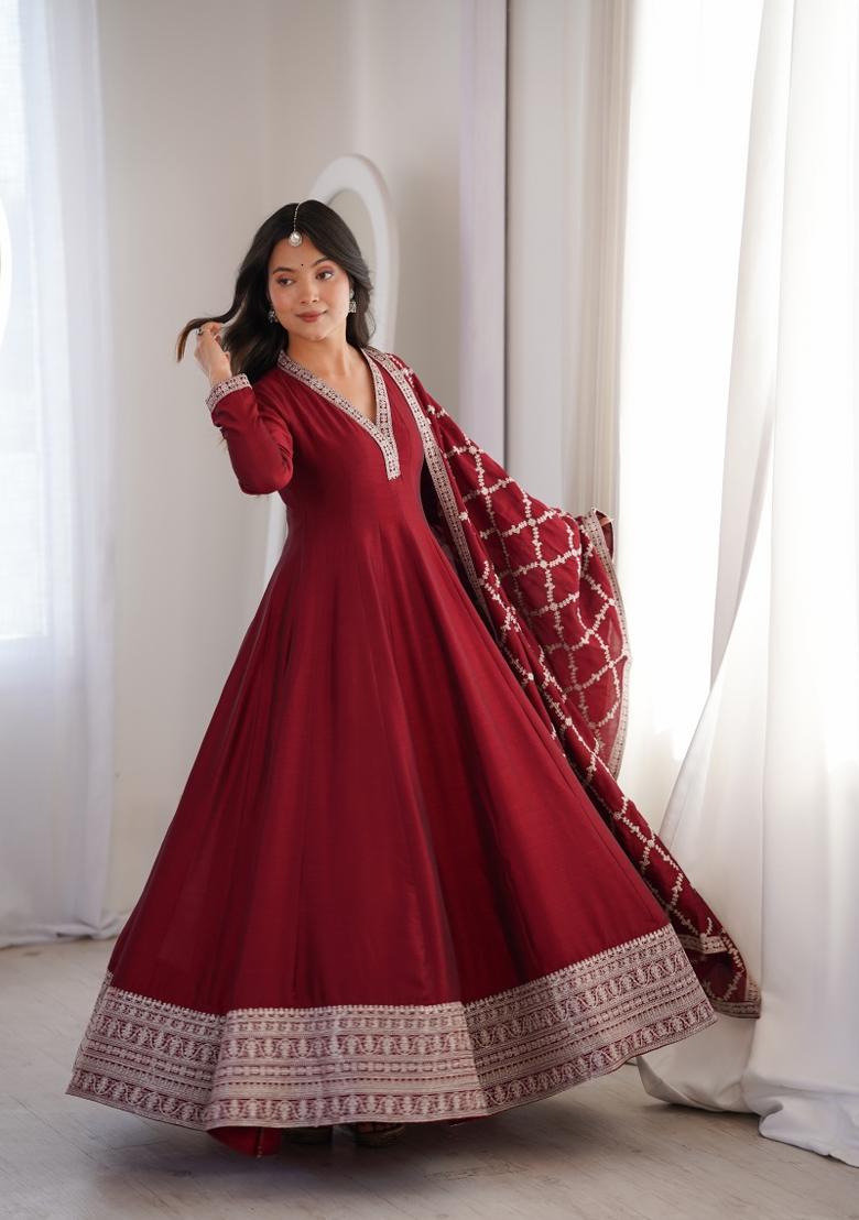 Maroon Embroidery Faux Blooming Anarkali With Dupatta - Indya