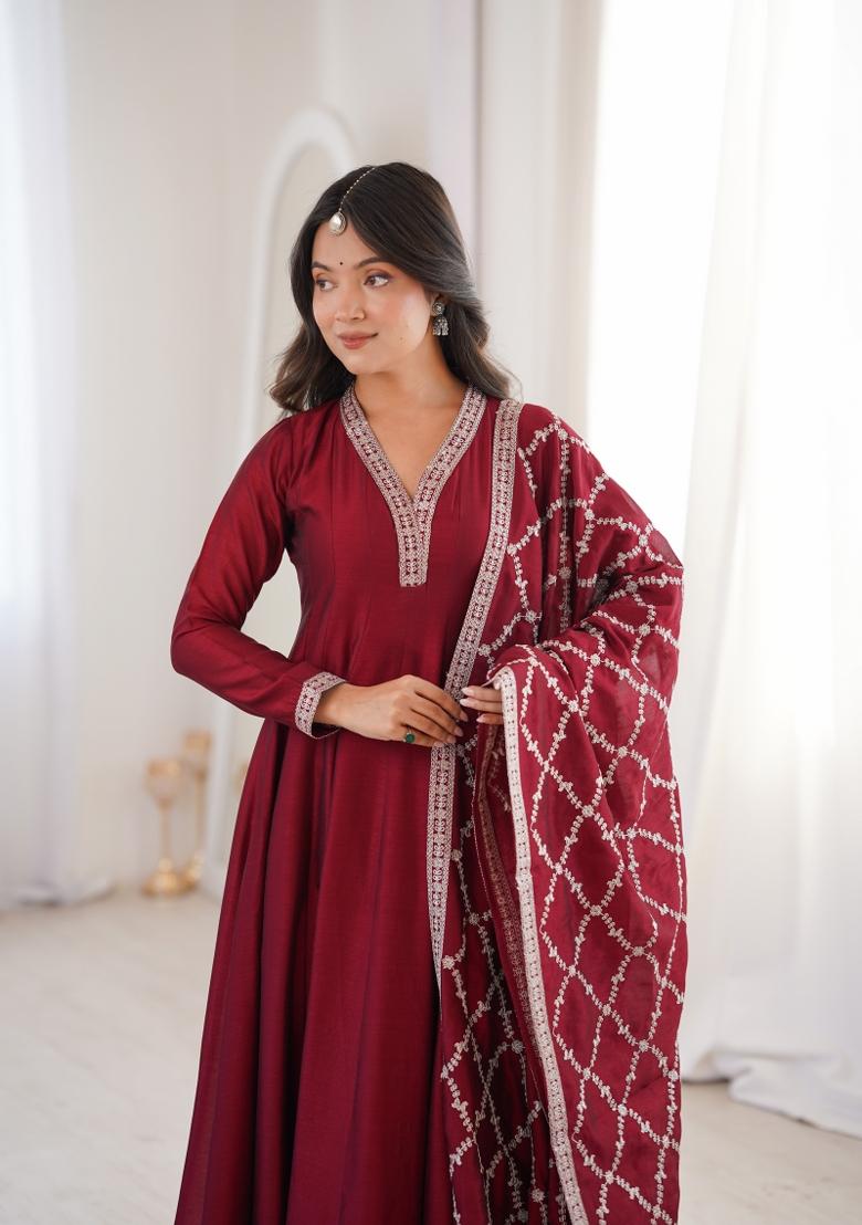 Maroon Embroidery Faux Blooming Anarkali With Dupatta - Indya