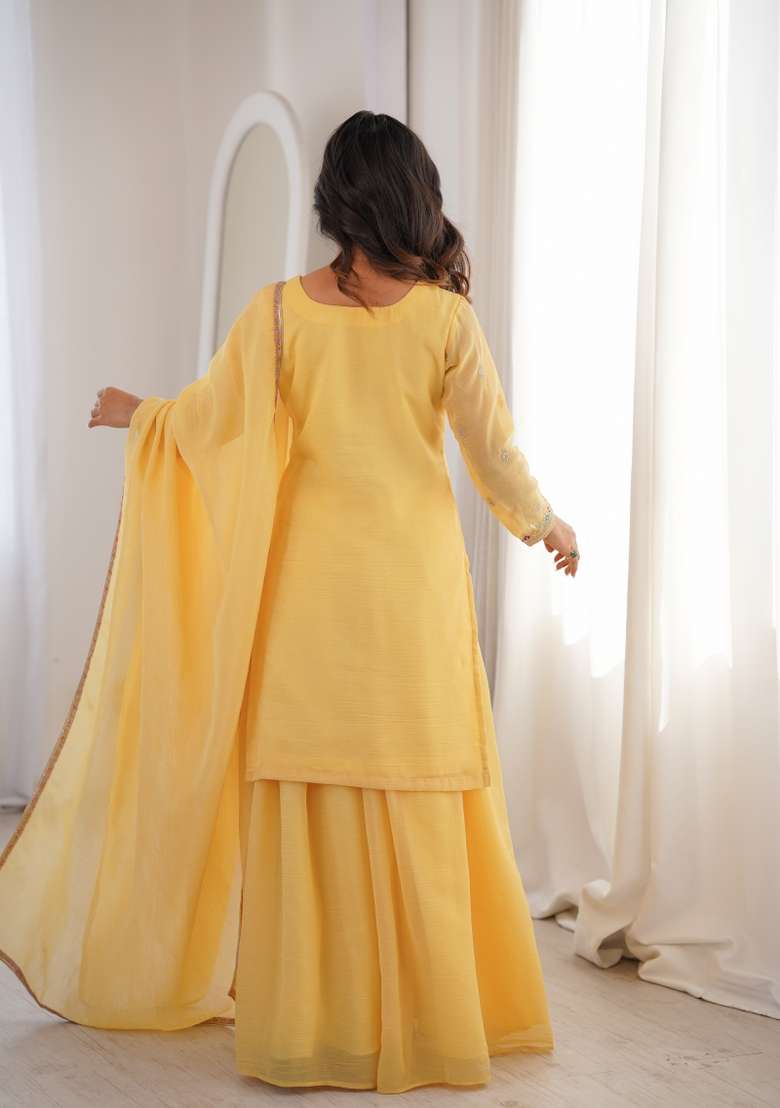 Yellow Embroidery Silk Kurta Set - Indya