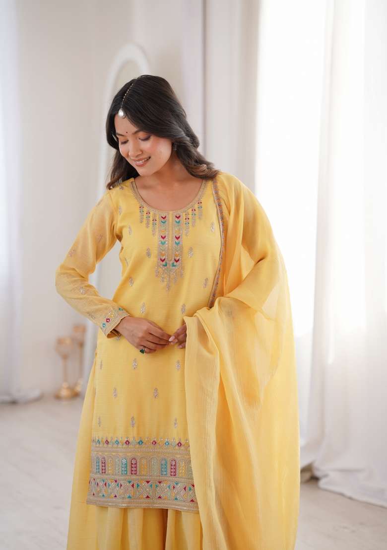 Yellow Embroidery Silk Kurta Set - Indya