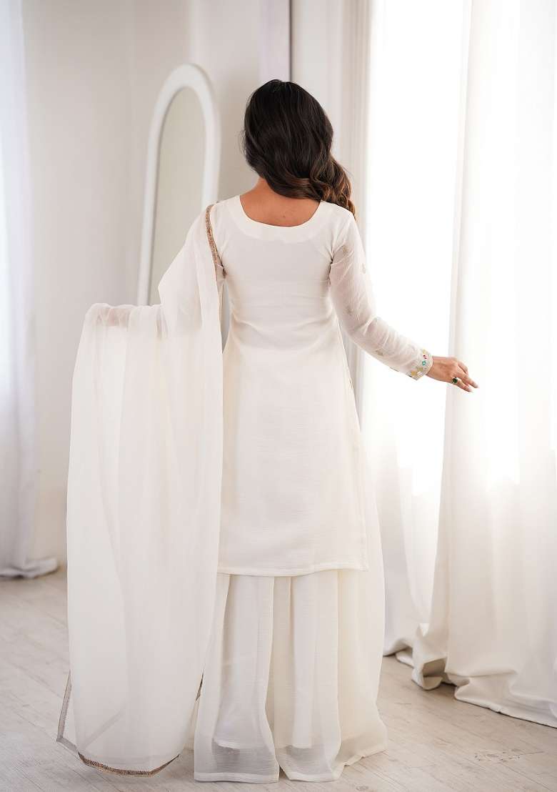 Off White Embroidery Silk Kurta Set - Indya