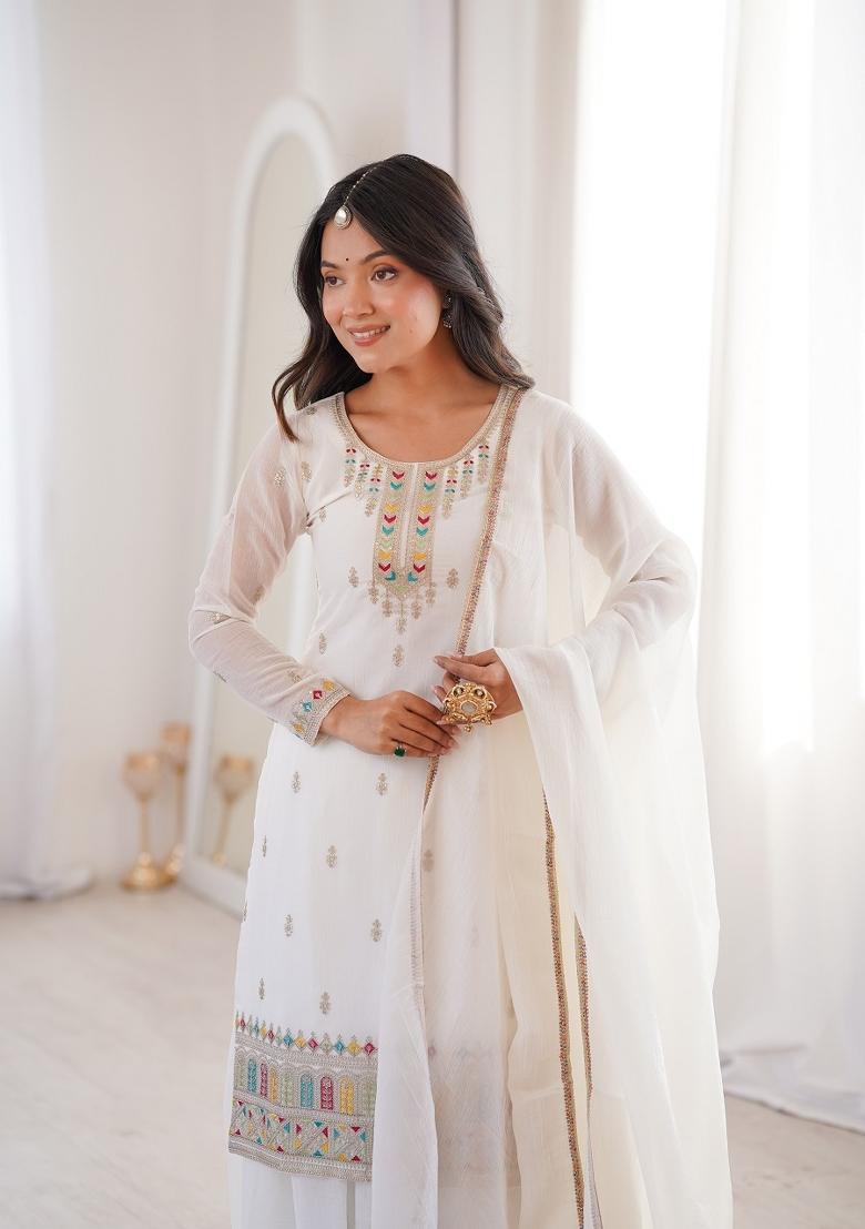 Off White Embroidery Silk Kurta Set - Indya
