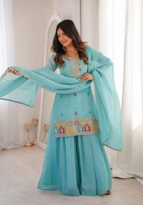 Sky Blue Embroidery Silk Kurta Set