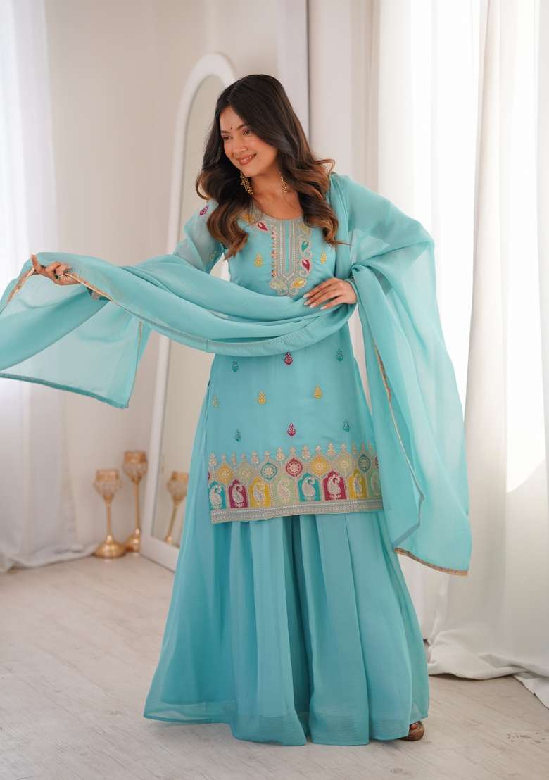Sky Blue Embroidery Silk Kurta Set - Indya