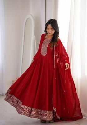 Dark Red Embroidery Silk Anarkali With Dupatta