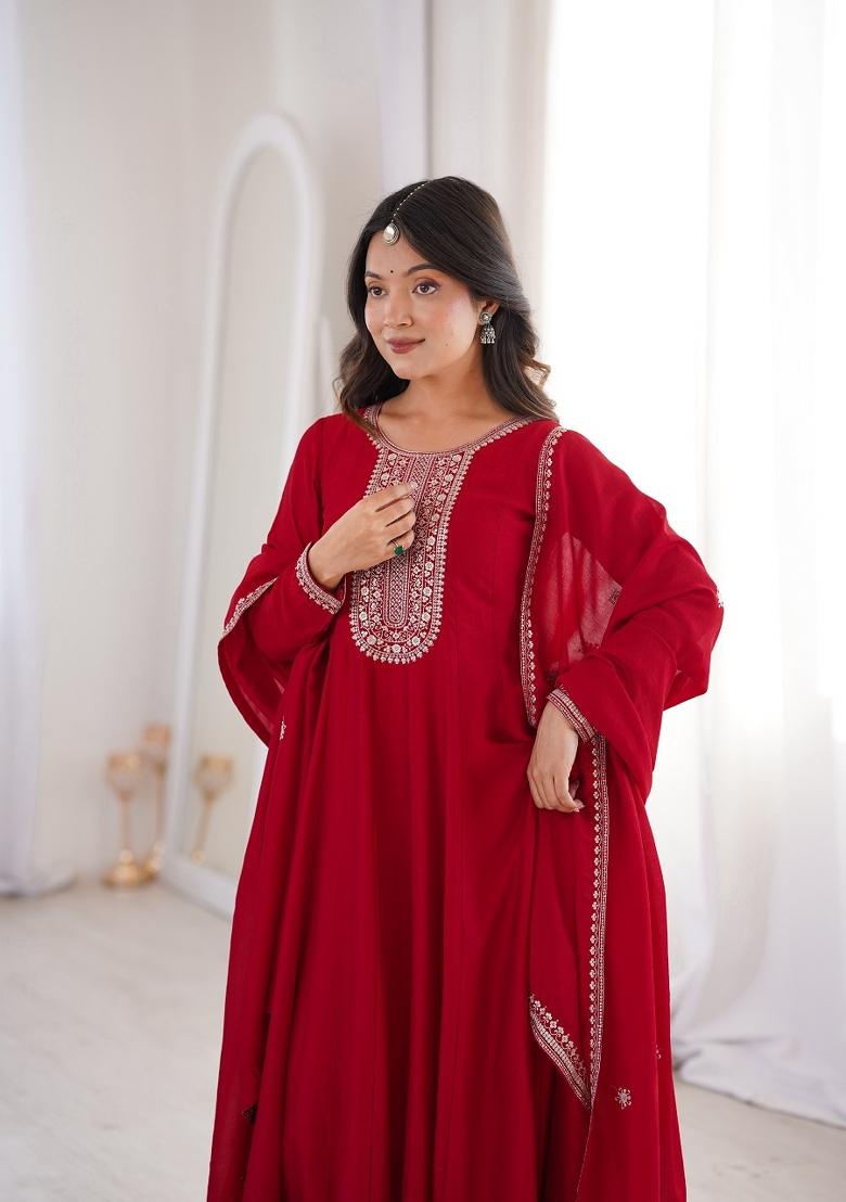Dark Red Embroidery Silk Anarkali With Dupatta - Indya
