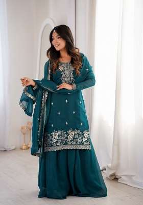 Teal Blue Embroidery Silk Kurta Set