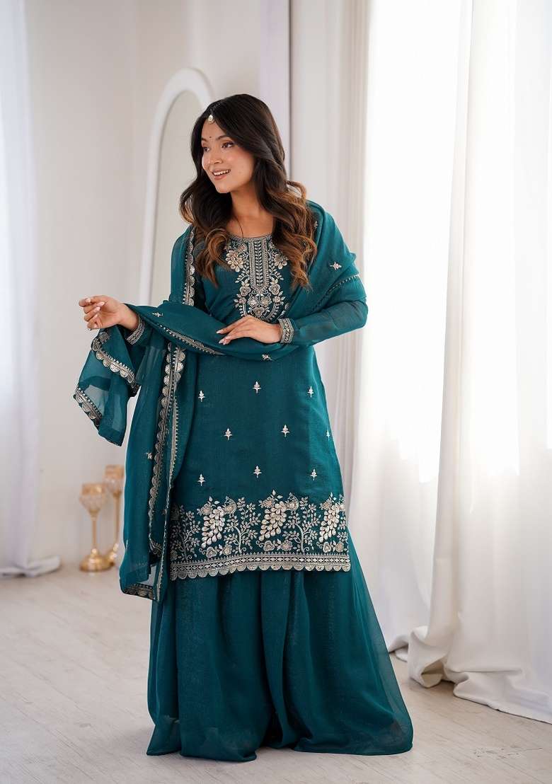 Teal Blue Embroidery Silk Kurta Set - Indya