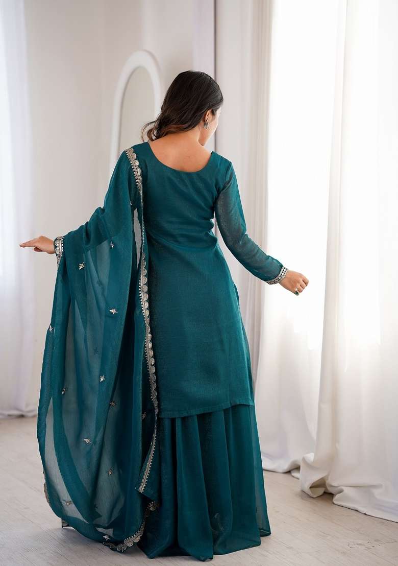 Teal Blue Embroidery Silk Kurta Set - Indya