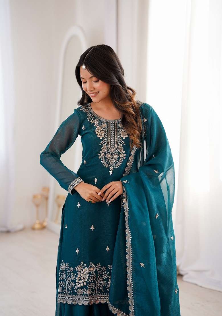 Teal Blue Embroidery Silk Kurta Set - Indya