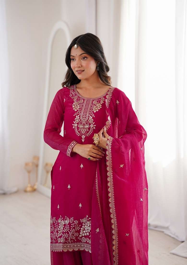 Rani Pink Embroidery Silk Kurta Set - Indya