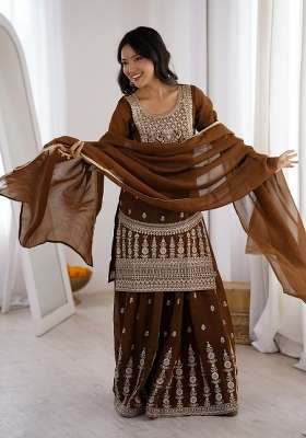 Brown Embroidery Silk Kurta Set