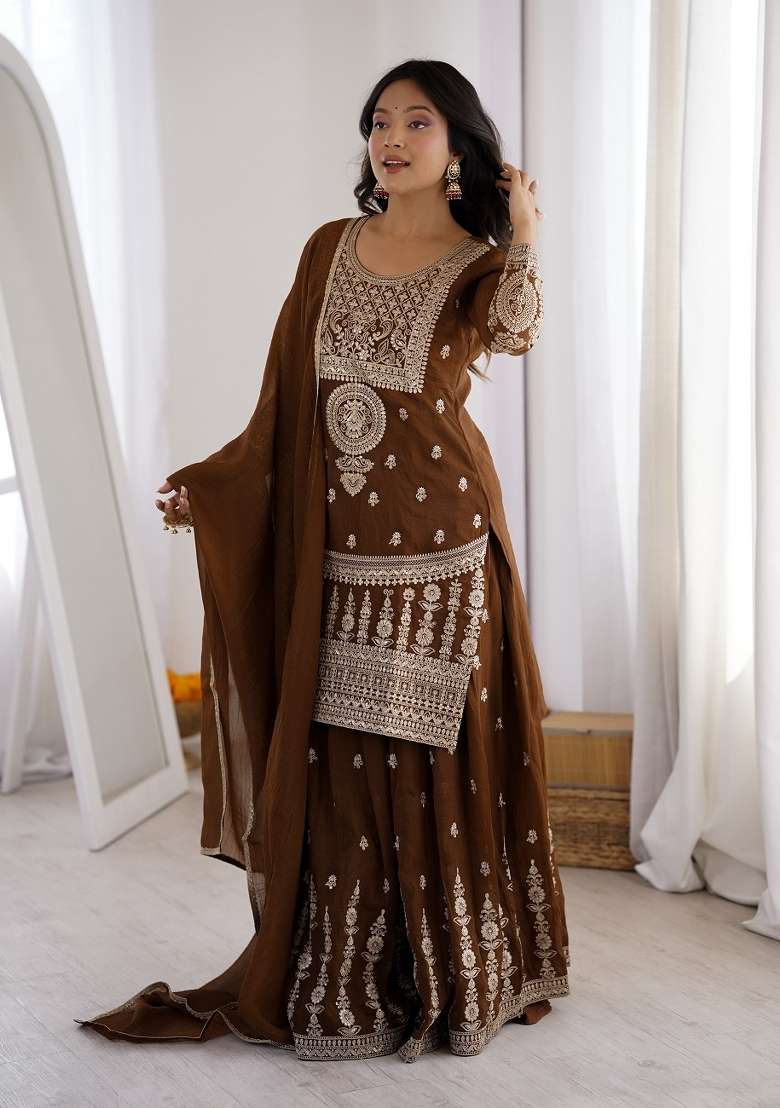 Brown Embroidery Silk Kurta Set - Indya