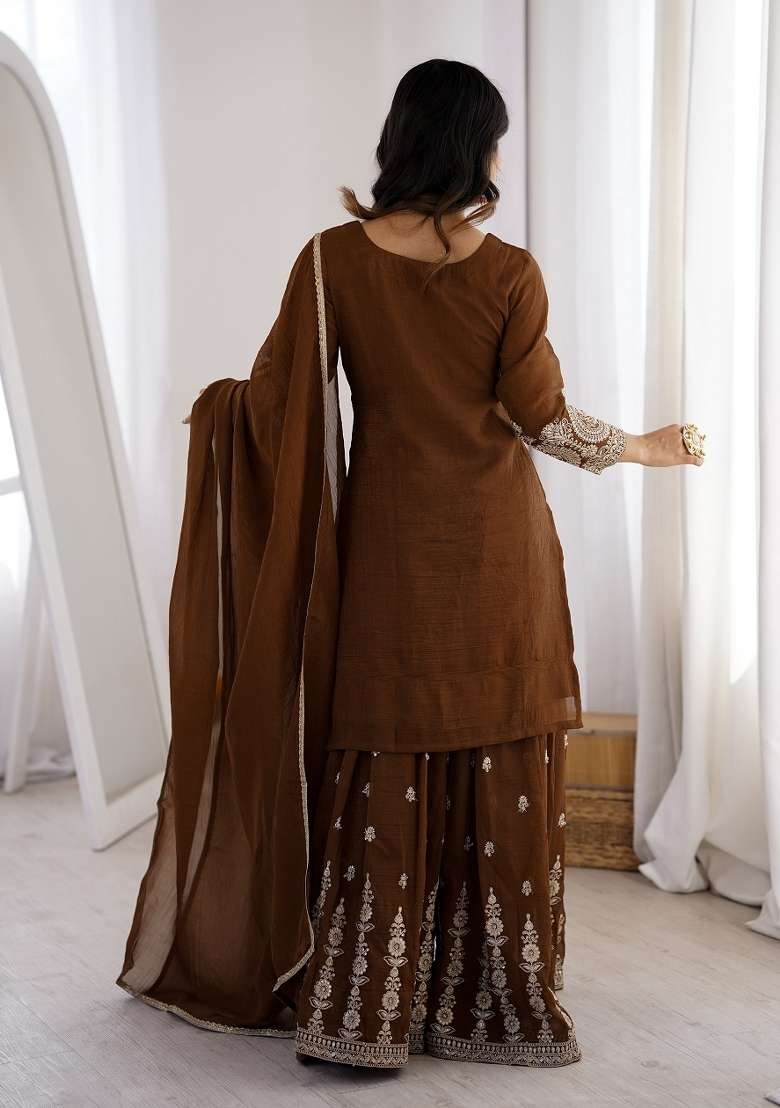 Brown Embroidery Silk Kurta Set - Indya