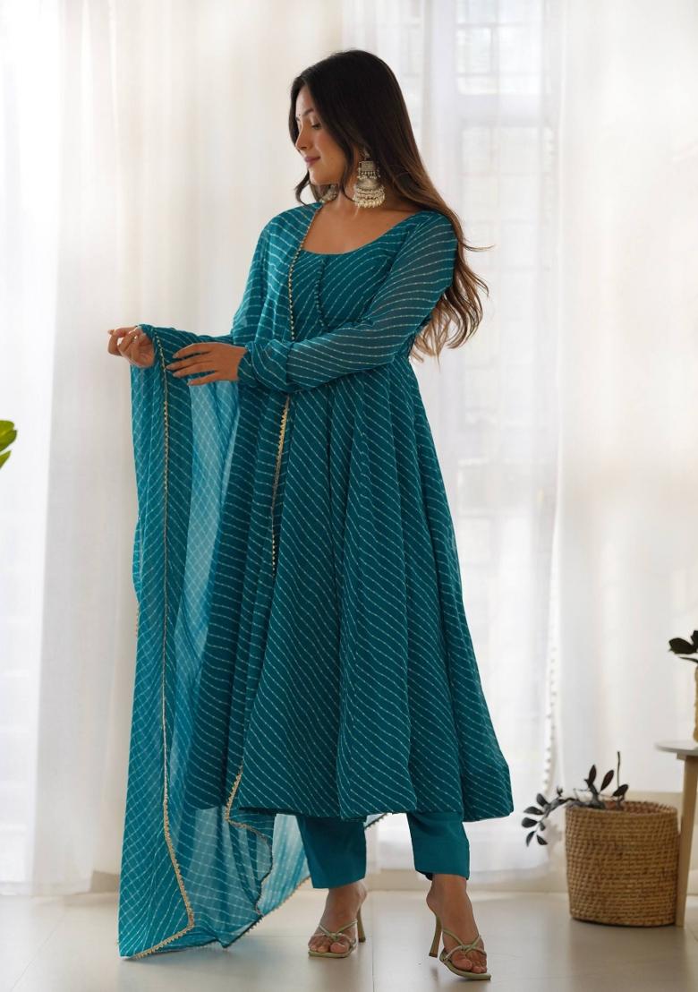 Rama Blue Printed Georgette Anarkali Set - Indya