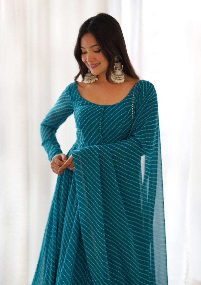 Rama Blue Printed Georgette Anarkali Set - Indya