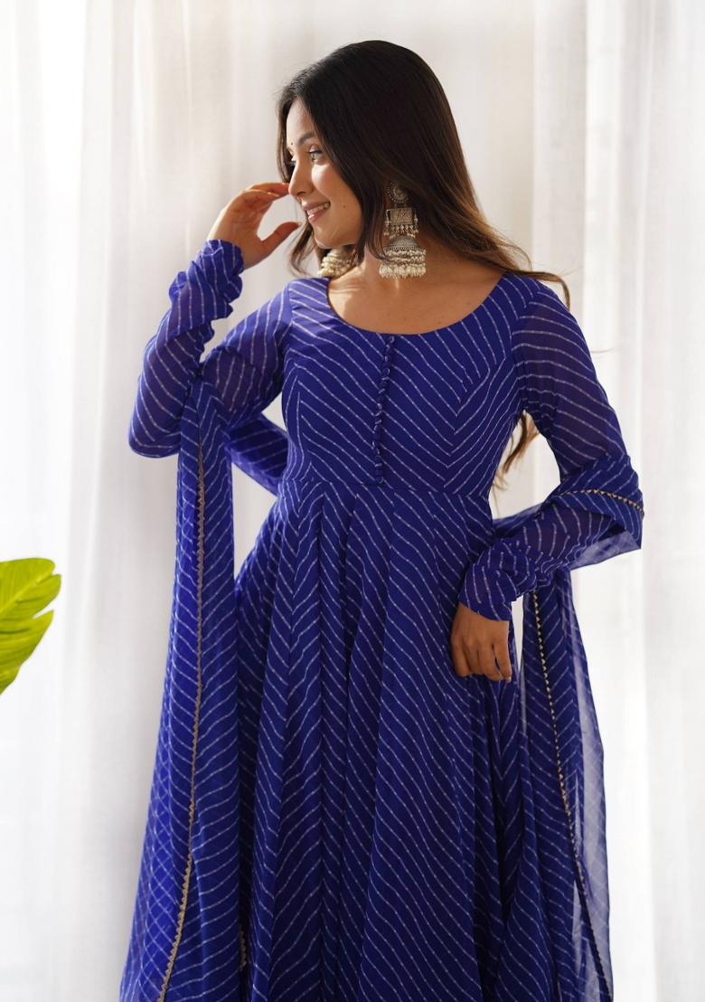 Royal Blue Printed Georgette Anarkali Set - Indya