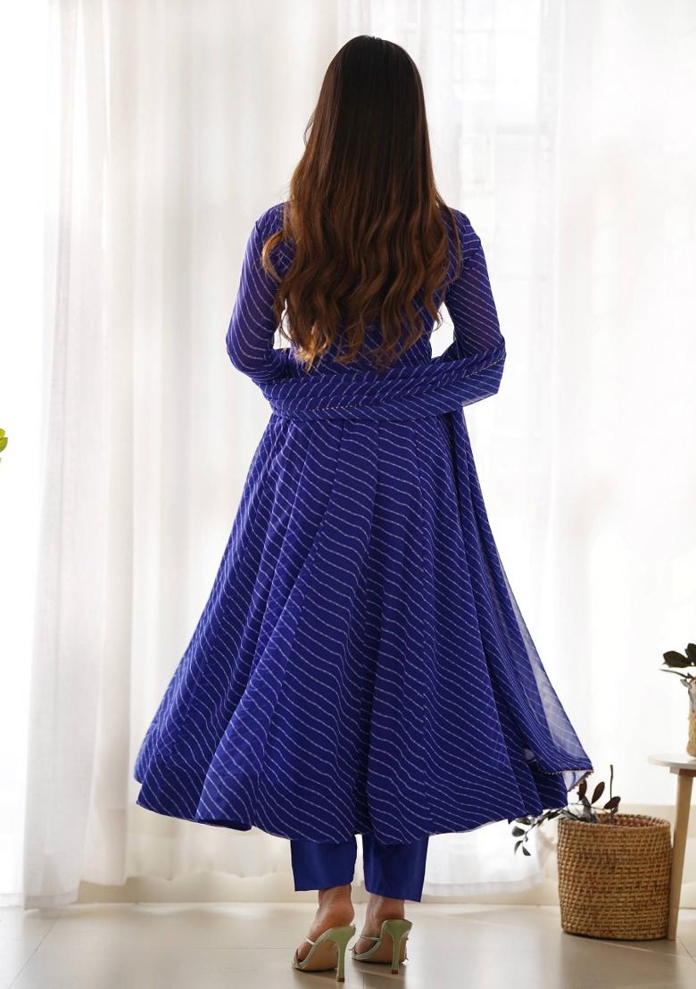 Royal Blue Printed Georgette Anarkali Set - Indya