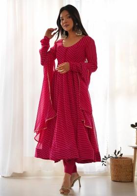 Rani Pink Printed Georgette Anarkali Set
